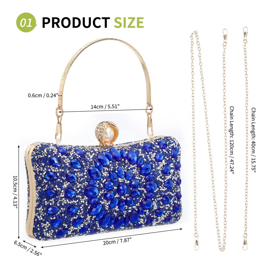 uxcell Women's Sparkling Crystal Rhinestone Evening Clutch Bag with Two Chain Straps, Blue, for Weddings, Evenings, and Weekends
