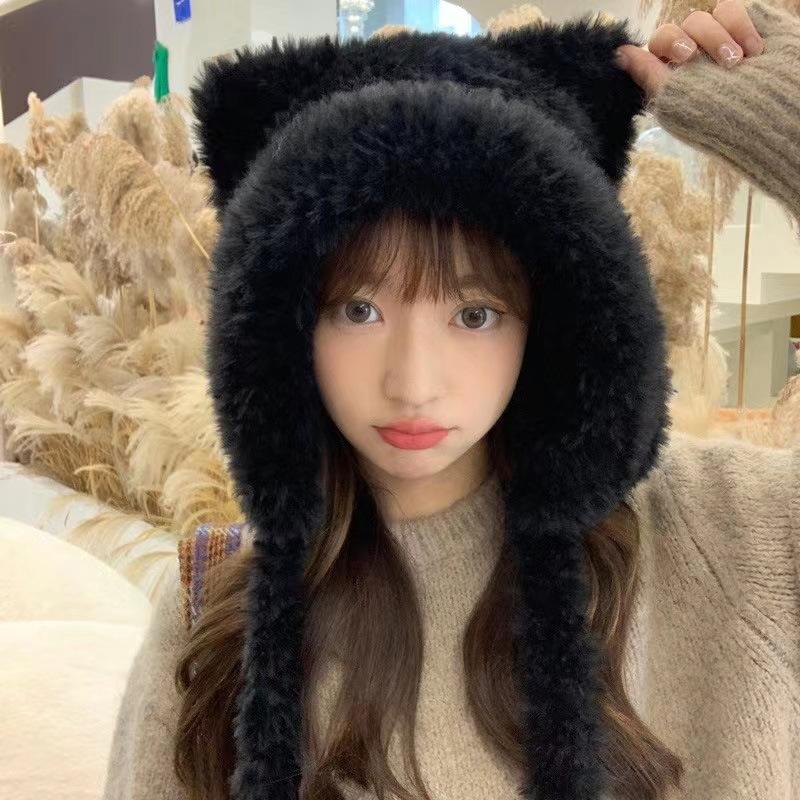 Cute Plush Bear Ears Hat Female Autumn and Winter Warm Ear Protection Big Head Circumference Shows a Small Tide