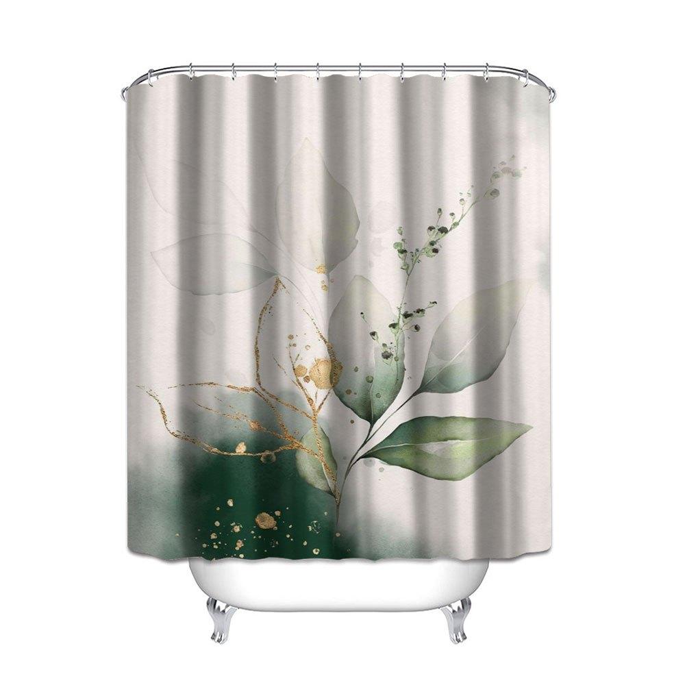 "1Pc Polyester Shower Curtain - Green Floral Print, White Background, Gold Accents & Dots, No-Drill Hooks, Hand Wash