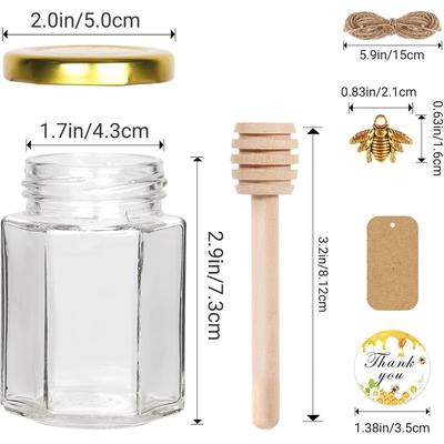 3 Oz Mini Honey Jars with Dipper Glass Hexagon Honey Jar for Baby Shower, Empty Glass Jars for Wedding Favors and Party