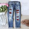 Women's Mid Rise Straight Leg Jeans Loose Fit Buffalo Plaid Patchwork Distressed Cuffed Denim Pants