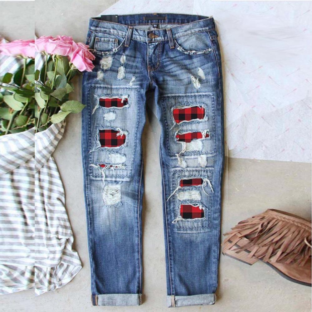 Women's Mid Rise Straight Leg Jeans Loose Fit Buffalo Plaid Patchwork Distressed Cuffed Denim Pants