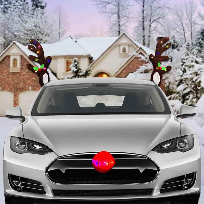 Christmas Reindeer Car Decorations LED Lighting Rudolf Reindeer Antlers Red Noses Car Decorations Kit Christmas Auto  Decor