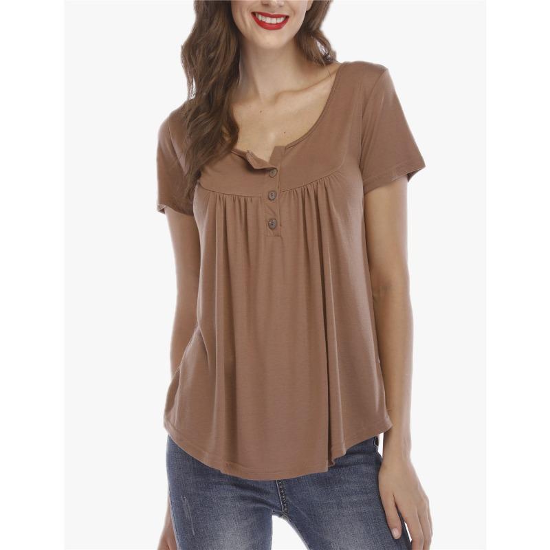 Women Multicolor V Neck Button Decor Short Sleeve Pleated Loose Tunic Blouse