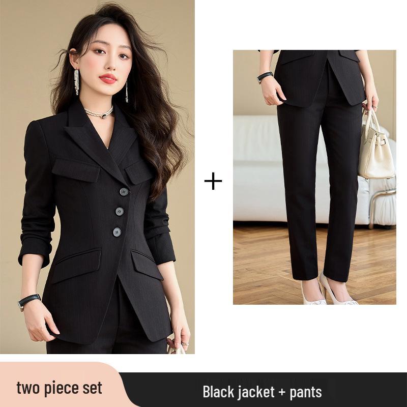 

Sophisticated Dark Blue Women s Flared Pants Suit - Elegant Two-Piece Set for Spring and Autumn M
