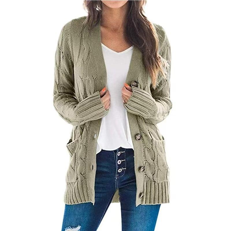 

Women s Cable Knit Cardigan Crew Neck Long Sleeve Button Down Casual Knitwear Sweater Coat 4XL армия зеленый