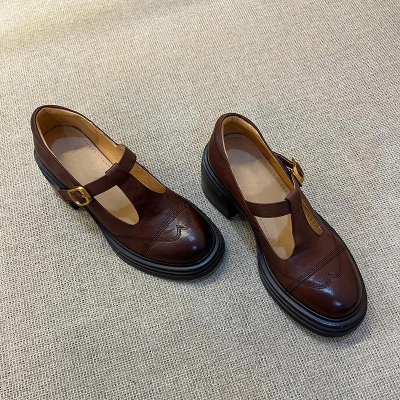 Sheepskin version~ platform thick heel retro small leather shoes women's genuine leather round head single shoes Mary Jane shoes