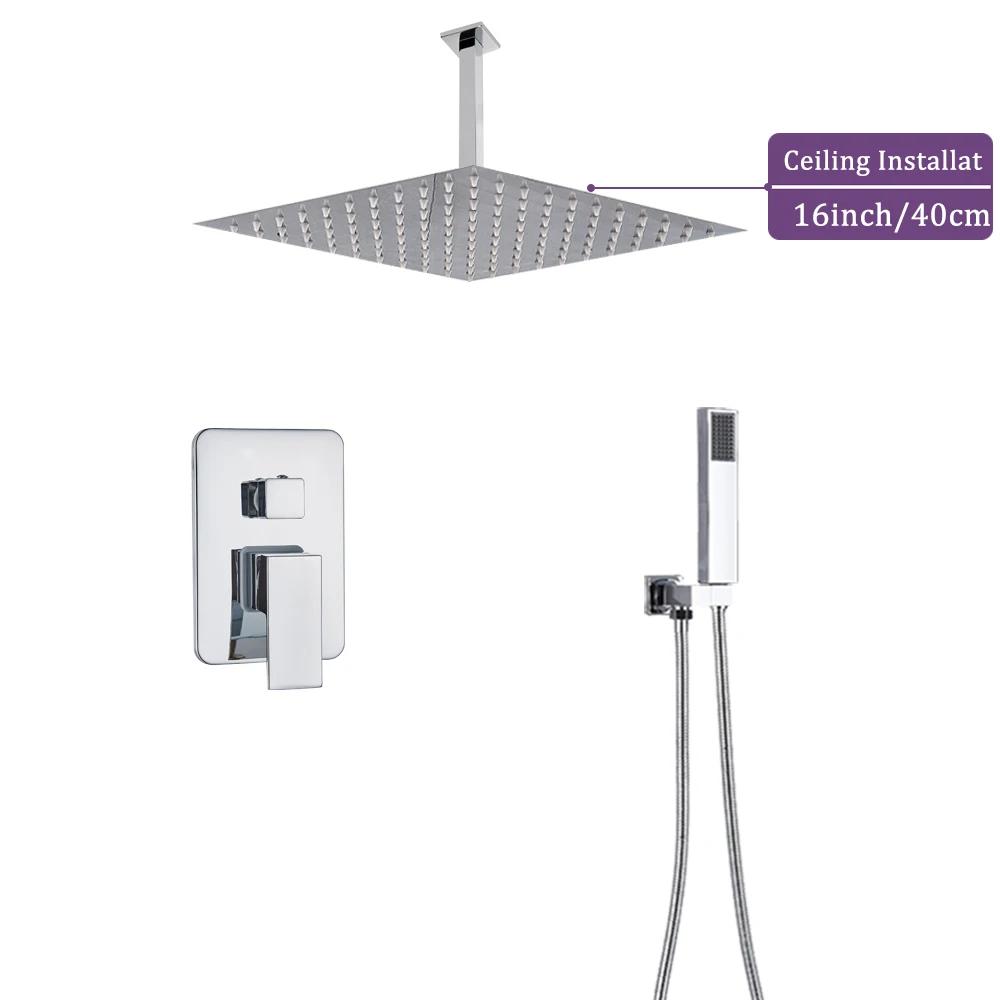 Polished Chrome 16 inch Big Rain Shower Faucet Single Handle Concealed Bath Shower Set with Handshower Brass Spout Wall Mounted