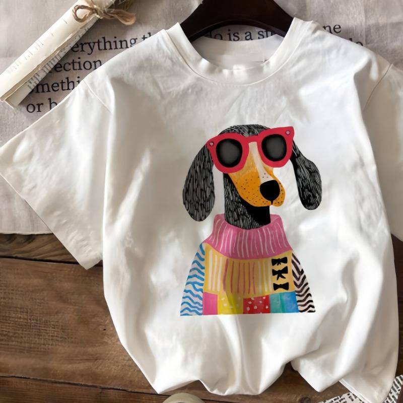 Cartoon Harajuku Mode Hund Aufdruck Damen Kurzarm T-Shirt Lässig Vielseitig Damen Alltag und Outdoor Kleidung Eine Nummer größer