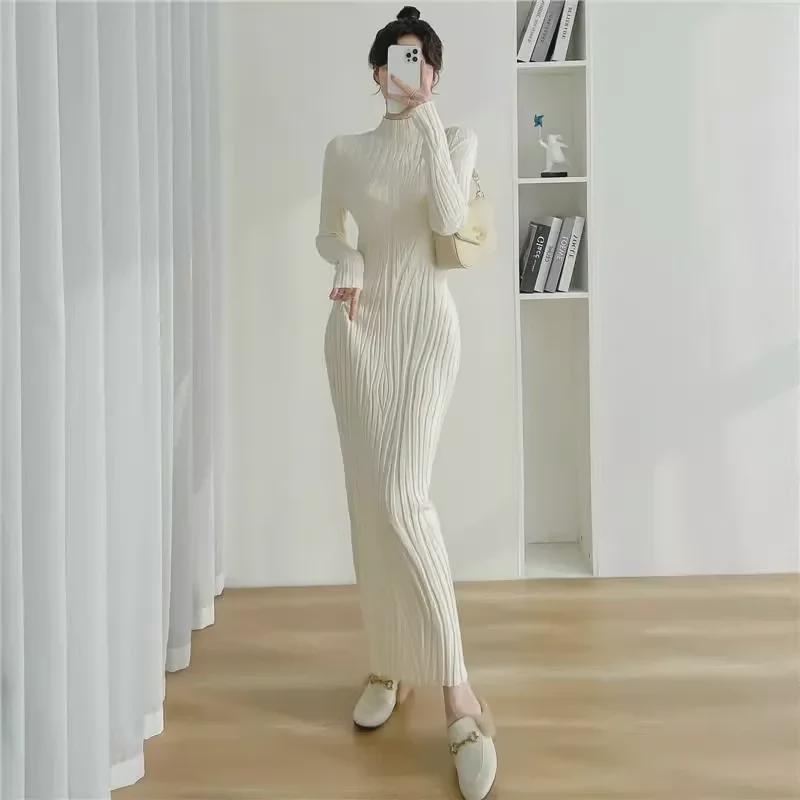 Simple Slim Fit Half Turtleneck Sweater Dress - Knitted Ankle Length for Women, Perfect for Autumn
