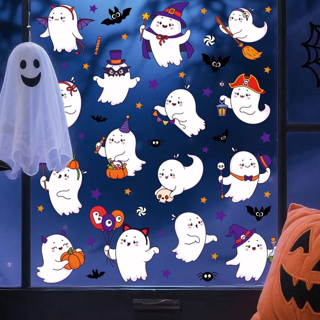 Q Version Cute Ghost Theme Window Stickers PVC Static Cling Halloween Decor for Home Living Room Party Decoration