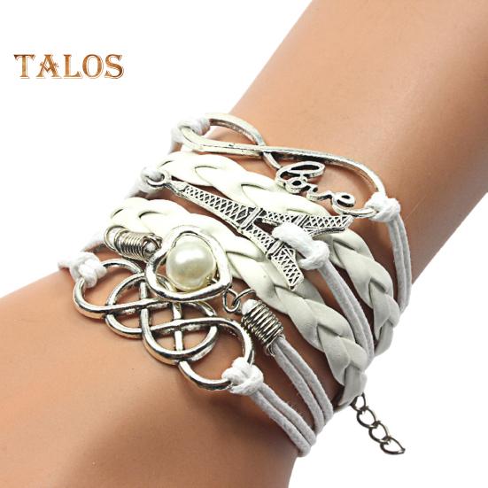 Braided Wrap Layered Faux Leather Bracelet Retro Multilayer Hearts Tower Cord Braided Wristband for Men Women