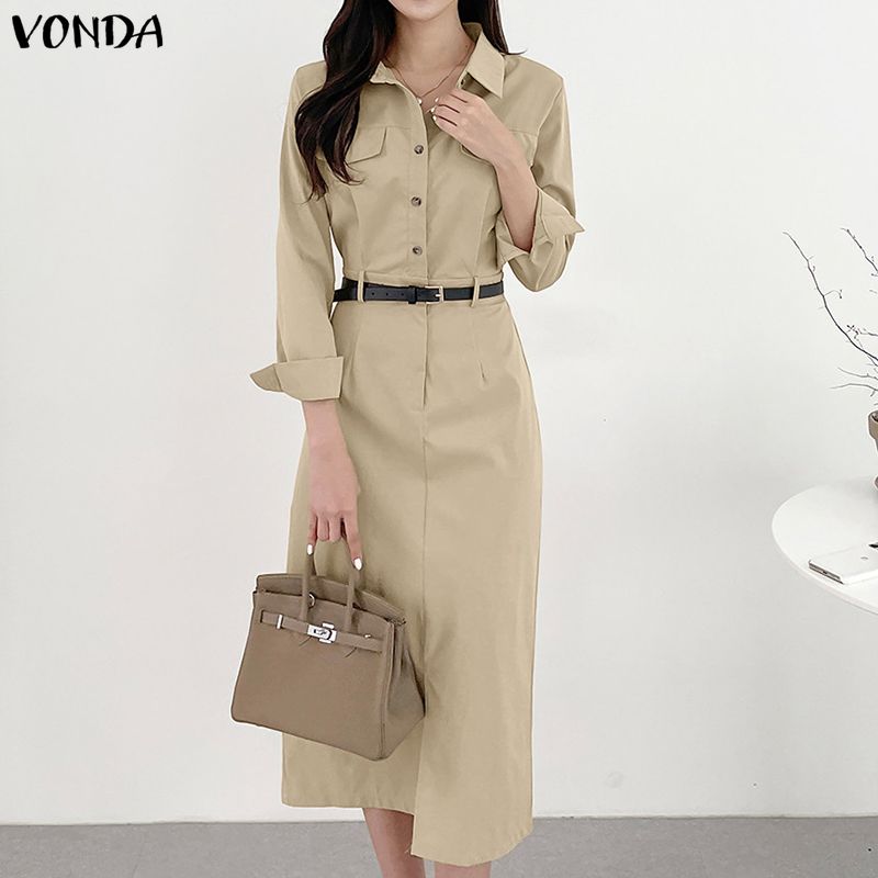 VONDA Elegant Women Casual Turn Down Collar Long Sleeve Long Dress No Belt