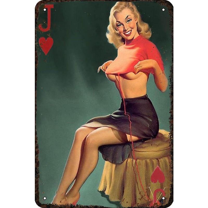 Custom Aluminum Tin Sign Art - Vintage Playing Cards and Women Wall Decor