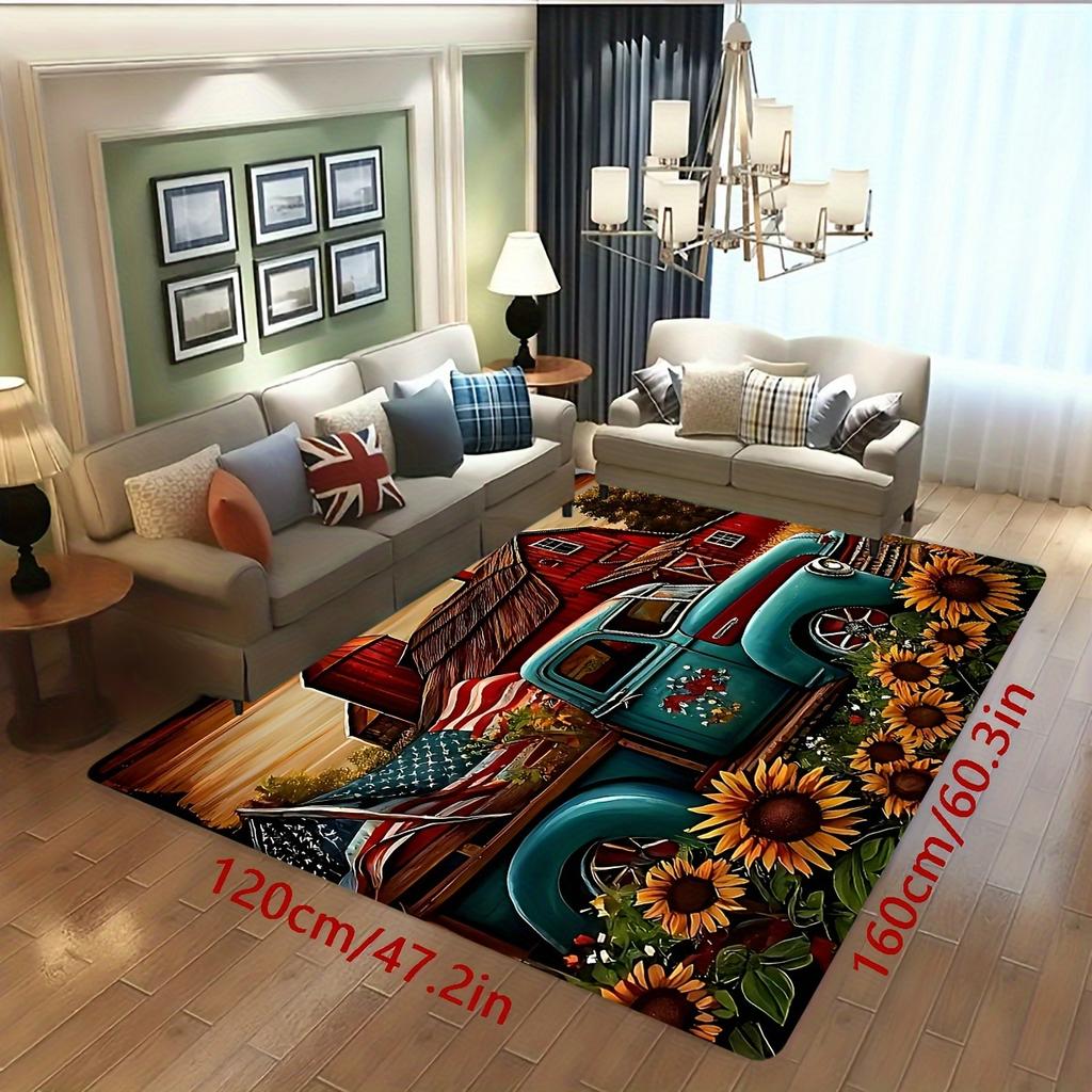 Vintage Car & Sunflower Rug for Living Room Decor | Farmhouse Style Area Rugs with Barn Design | Home Décor Accessories