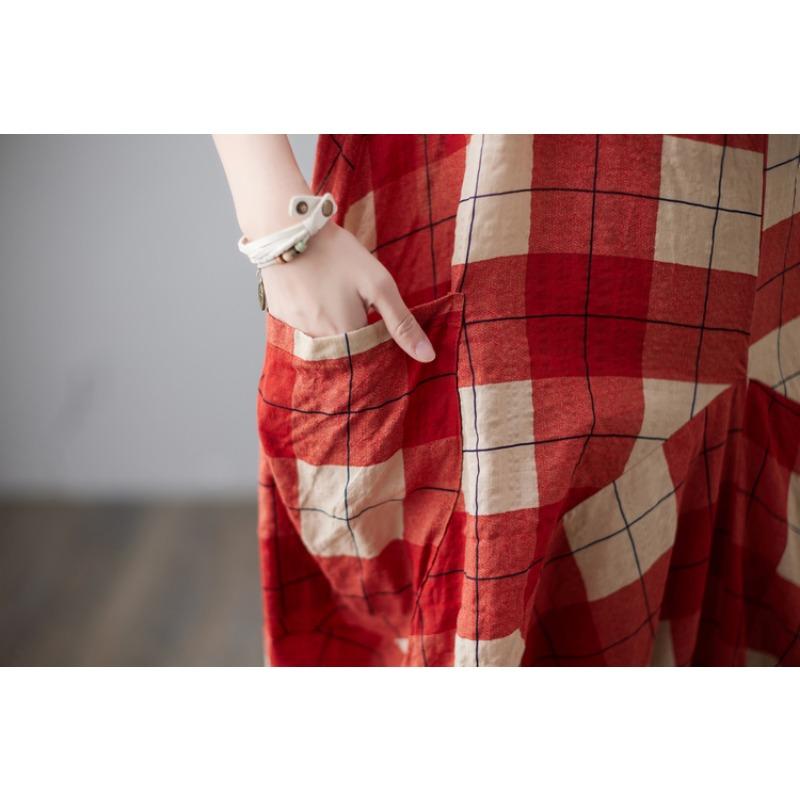 DIMANAF 2025 New Summer Women Plus Size Loose Vintage Plaid Dress Sleeveless Basic Sundress Casual Long Dress Maxi