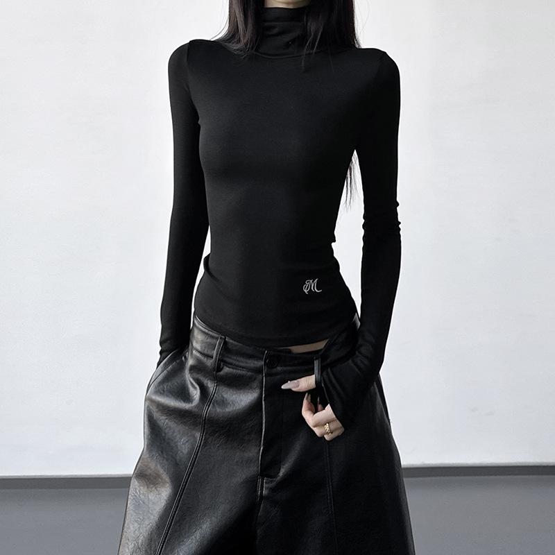 

Women s Slim Fit High Neck White Long Sleeve T-shirt - Minimalist Style Base Layer Small чёрный