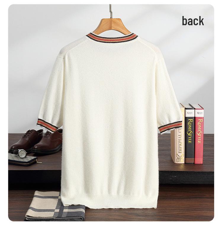 Men's Retro Color Block Cashmere Sweater – Short-Sleeve Round Neck Knit Top for Autumn/Winter