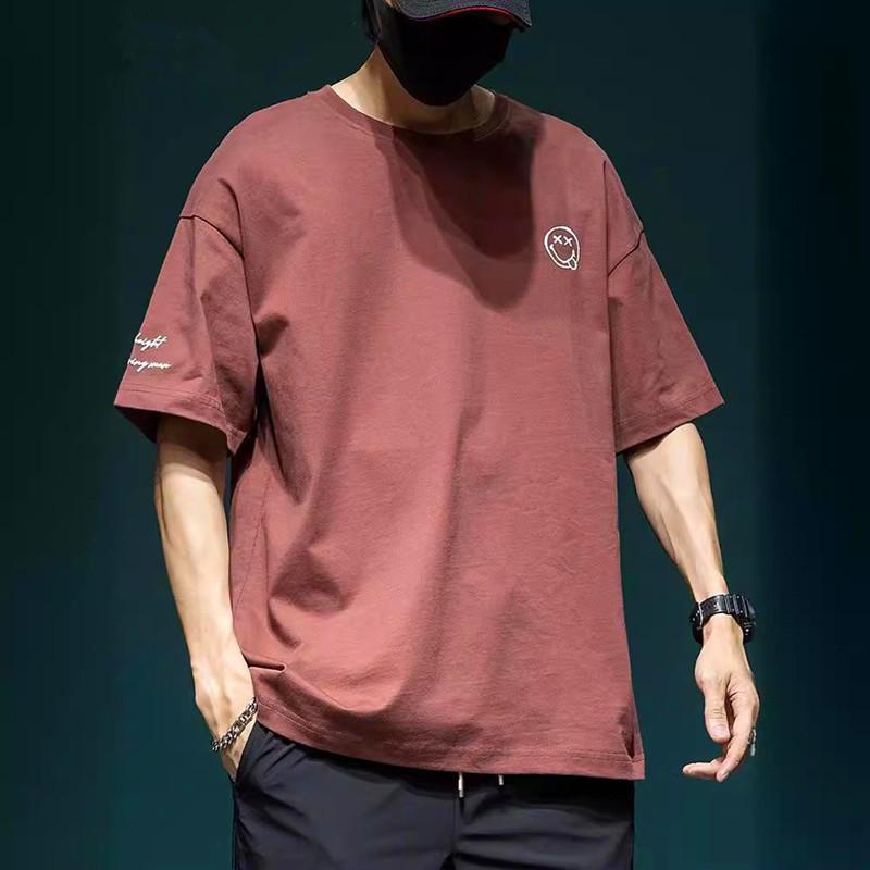 

Men s 2026 Summer Plus Size Smiley Face Embroidery Short Sleeve Casual Cotton T-Shirt 5XL (220-240 jin) brick червоний колір