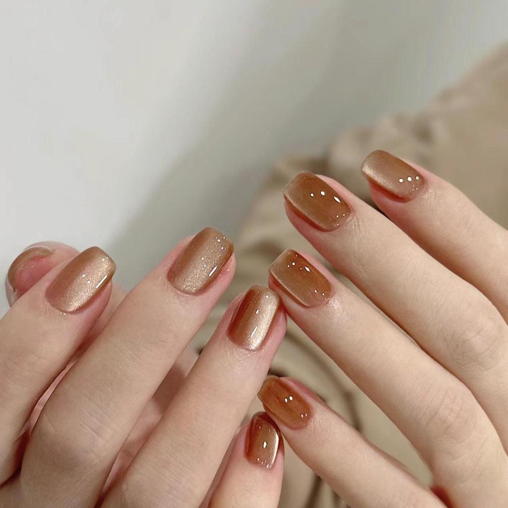 2025 Amber Cat Eye Manicure - Silk False Nail Tips with Flash Caramel Gold Glass Bead Design