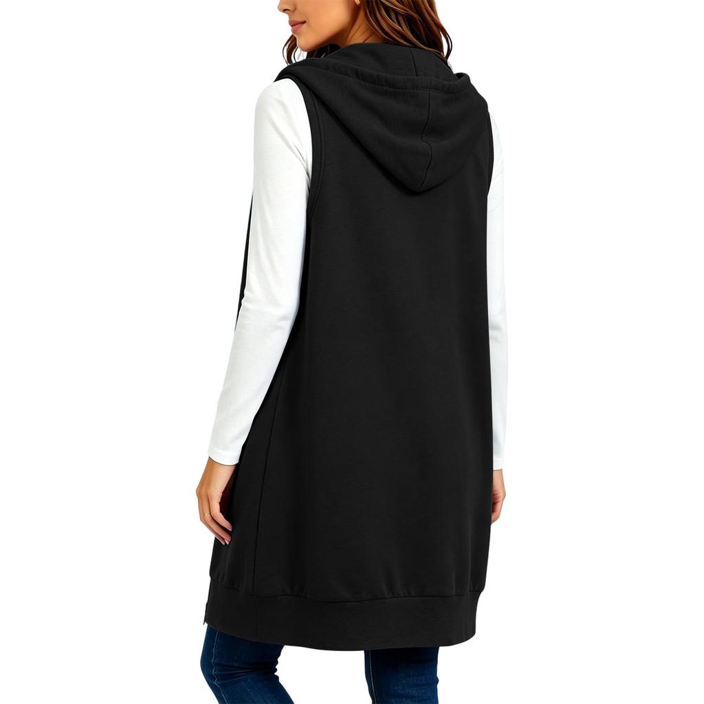 Women's Hooded Sleeveless Long Vest with Pockets - Color Loose Fit Casual Jacket