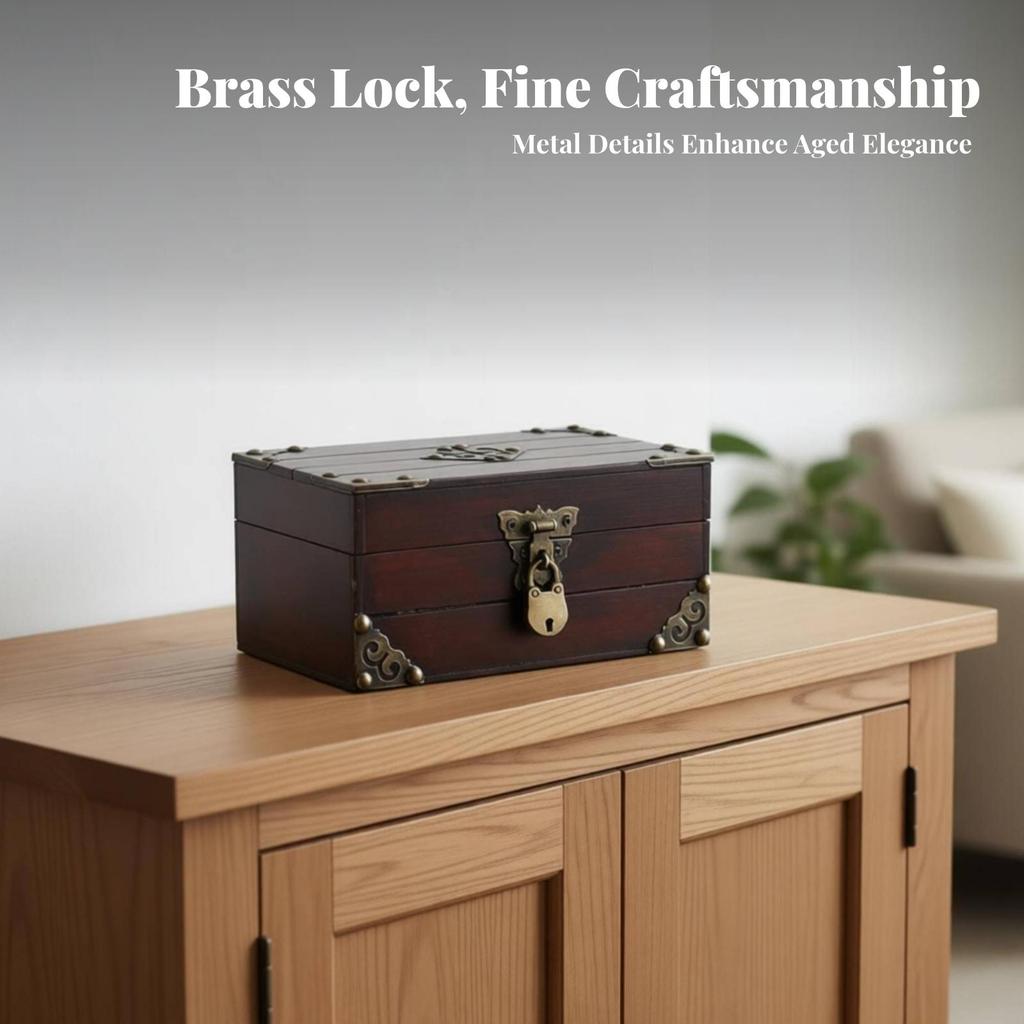 Hinged Lid Lockable Storage Chest Rectangular Wooden Jewelry Box