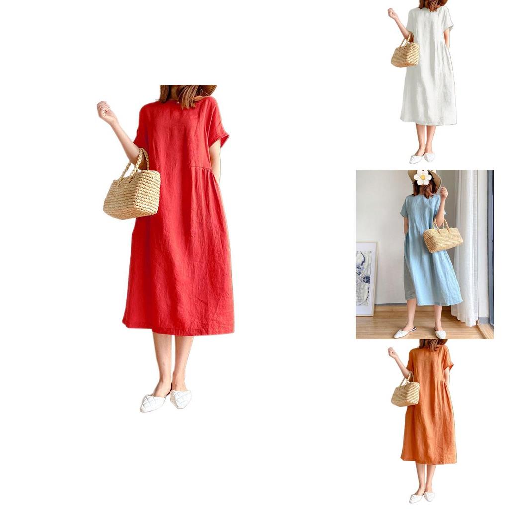 Luxurious Cotton Loose And Thin Dress For Women With Short Sleeves And Round Neck