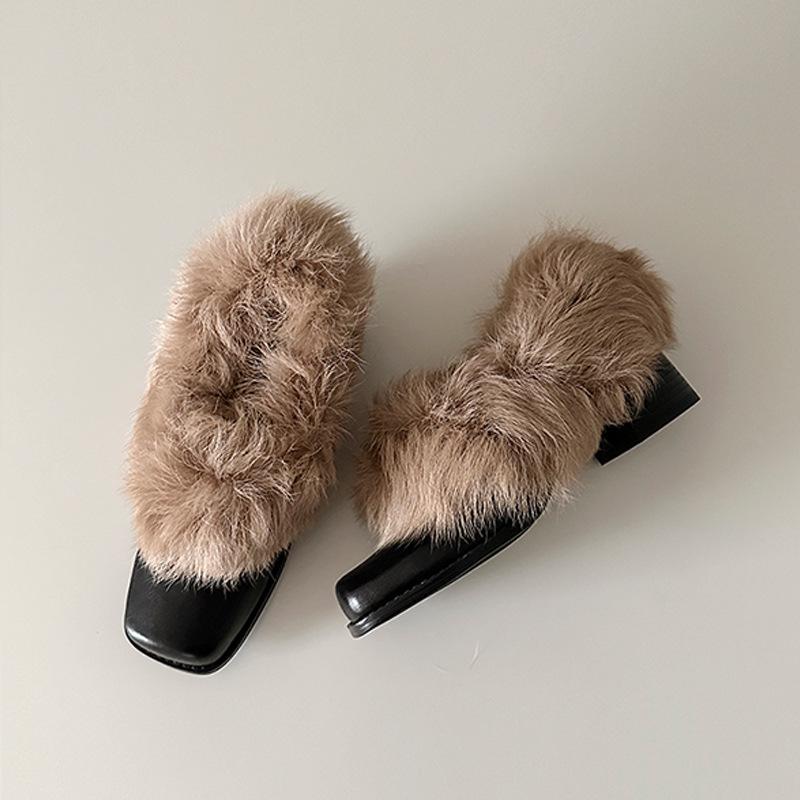 Leather Square-headed Fluffy Shoes with One Pedal, Retro Velvet To Keep Warm, Mary Jane Small Leather Shoes, New Cotton Shoes, Thick Heels, Single S