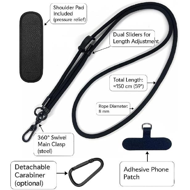 Adjustable Crossbody Phone Lanyard with Quick-Release Buckle, Padded Shoulder, Hands-Free for Phones, Walkie Talkie