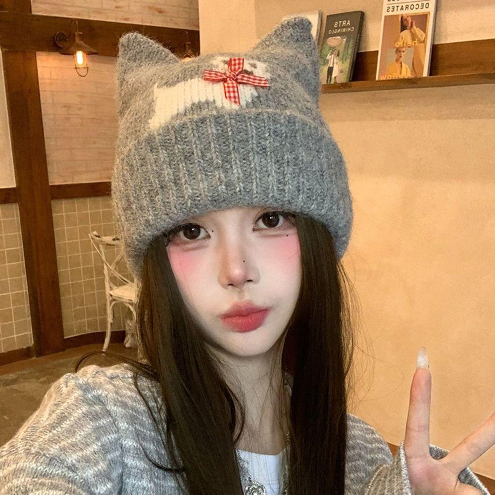 Warm Lining Cat Ear Beanie 56-58cm Puppy Pattern Earflap Hat Fleece Lined Knitted Hat For Students