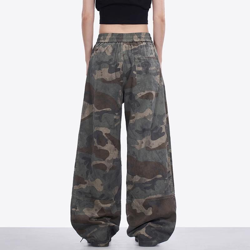 Trendy brand retro American camouflage overalls spring and autumn short sleeves loose straight pants street thin wide casual pants