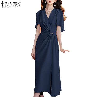 Robe longue décontractée à col en V et manches courtes pour femme