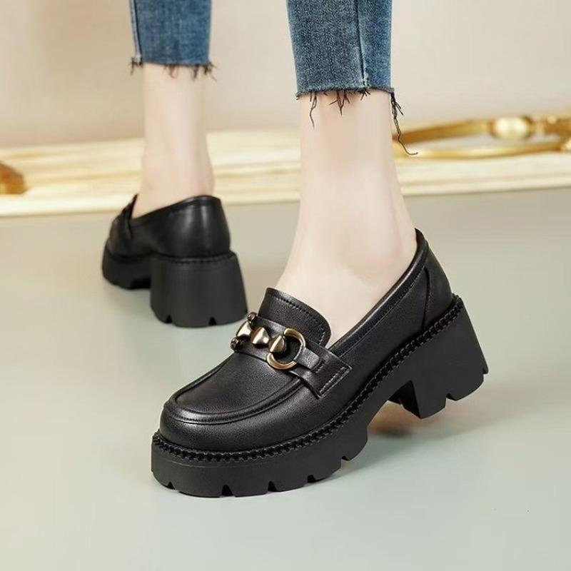 Women's Shoes Soft Leather Autumn New Versatile Small Leather Shoes Thick Sole Height Increase One Pedal Single Shoes