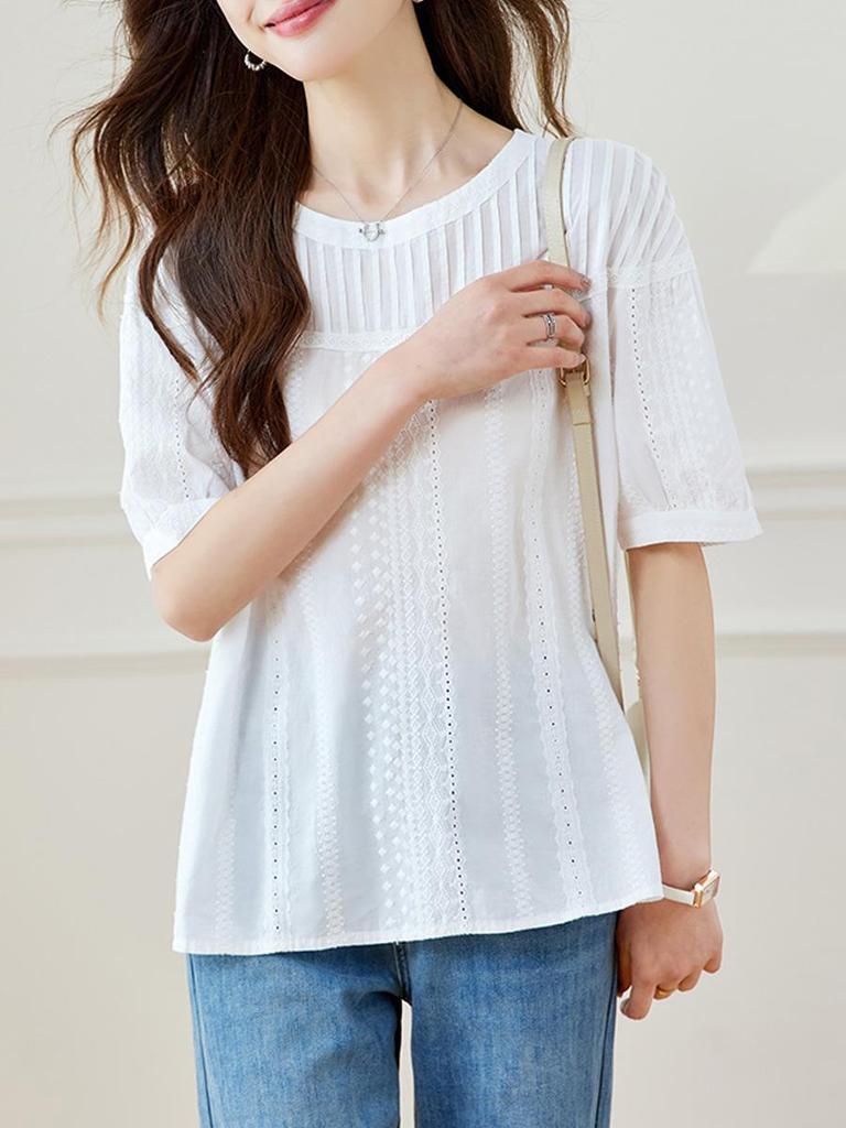 Women's Chic Pleated Short Sleeve Cotton Embroidered Shirt