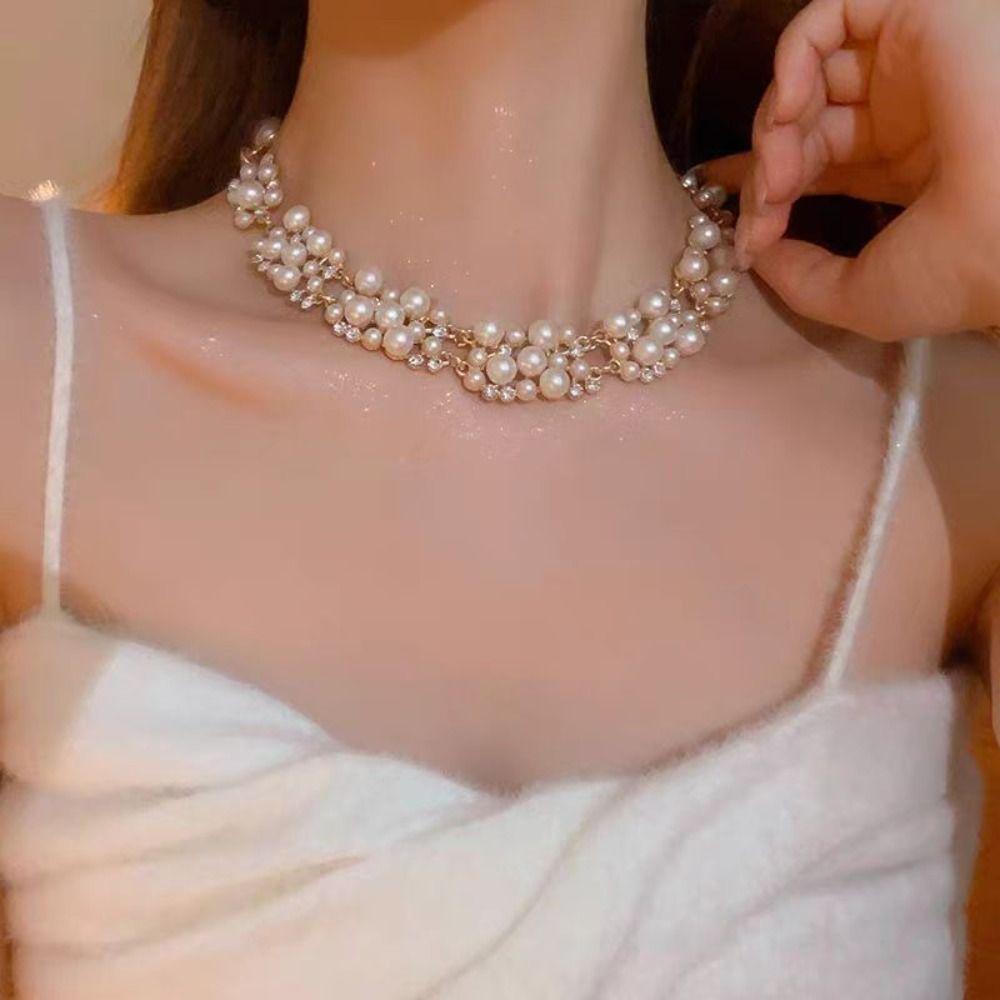 Two-Piece Light Luxury Choker Pearl Jewelry Sets Accessory Necklace Set  Banquet