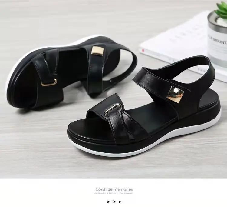 Women Leather Shoes Open Toed Female Flats Sandals Shoes Summer Soft Soled Non Slip Beach Sandals Large Size Zapatos Mujer