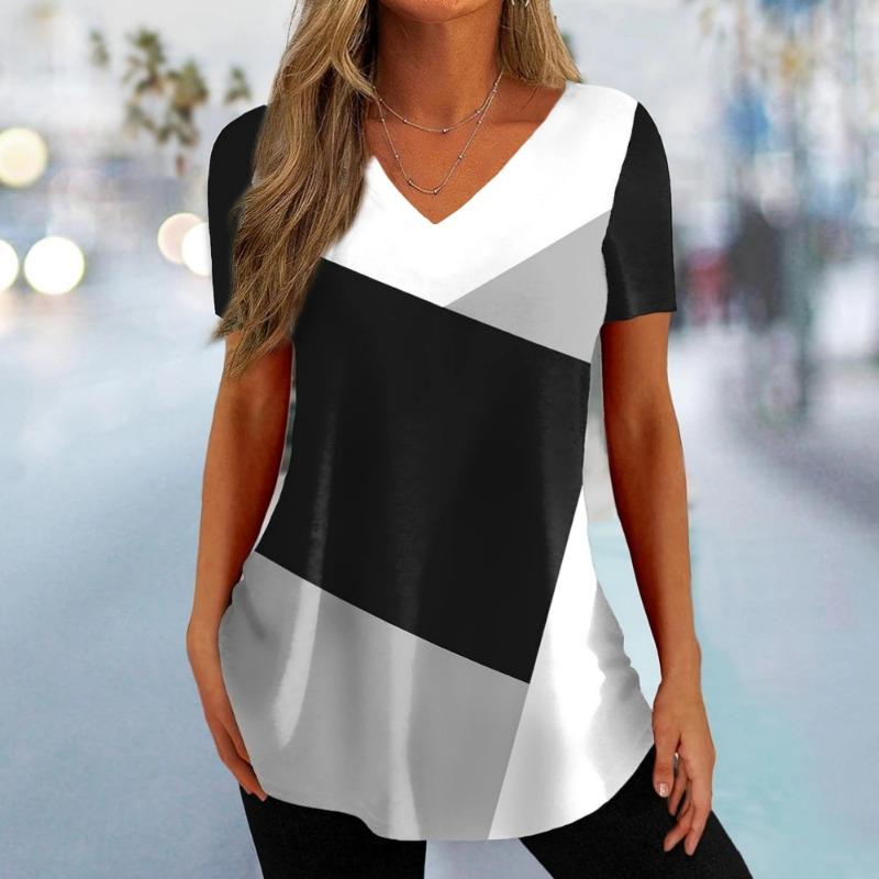 Women's T-Shirt Fashion V-Neck Summer Short Sleeve Loose Streetwear Female Clothes
