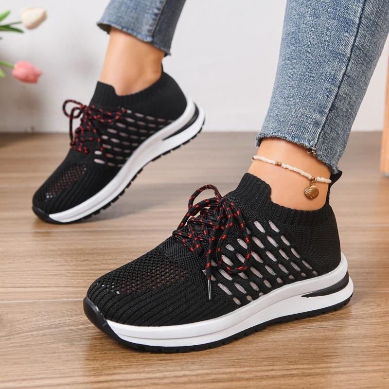 Versatile Comfortable Sneakers Fashion Round Toe Knit Breathable Lace-Up Soft Sole Non-Slip Low Top Single