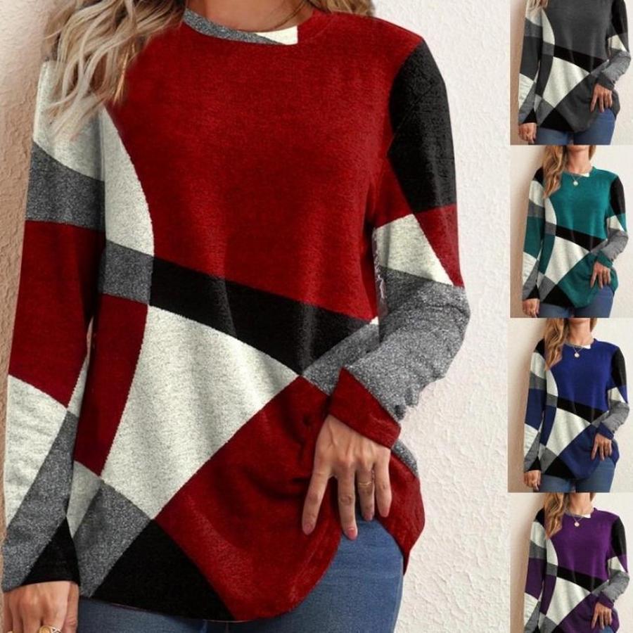 Spring Casual Geometric Color Block Wool Long Sleeve Printed Loose T-Shirt Women Top