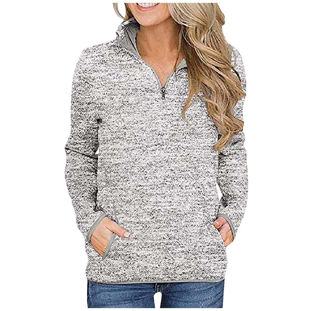 Ladies  Winter Pocket Pullover Long Sleeve Stand Collar Zip Sweatshirt Top