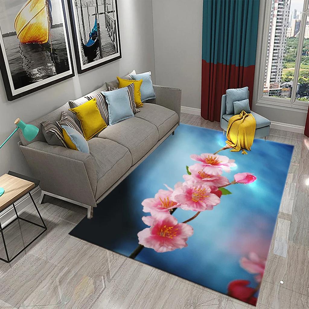 3D Pink Cherry Blossoms Pattern Carpet for Living Room Bedroom Kitchen Area Rug Carpet Home Decor Parlor Floor Mat Anti-Slip Rug