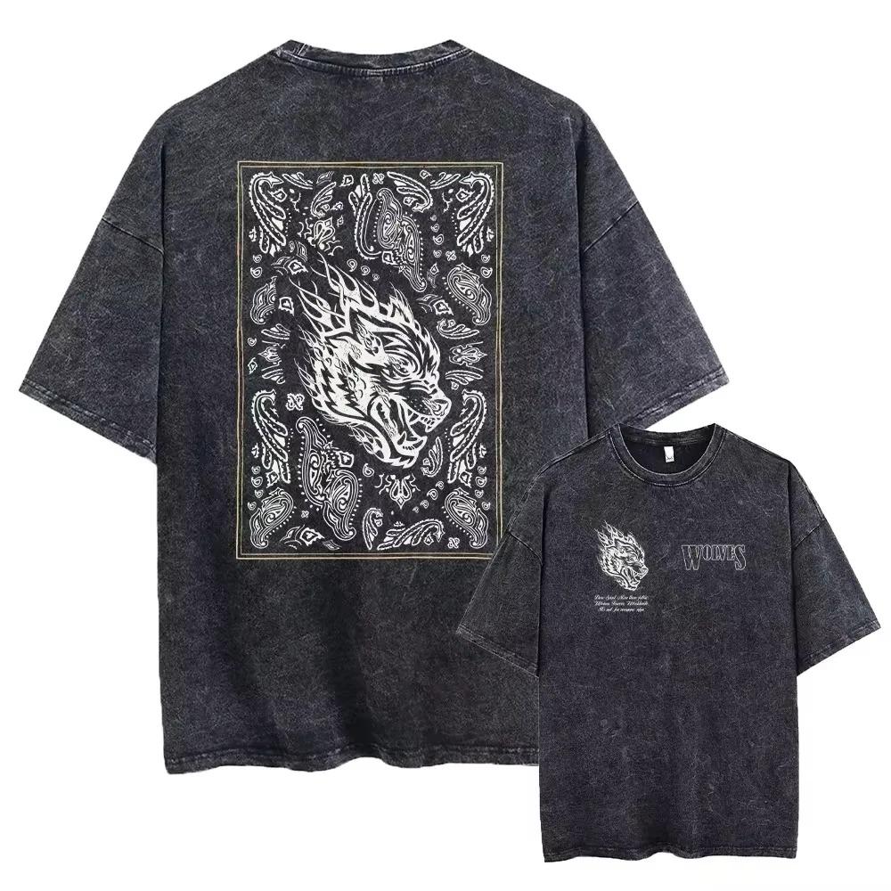 Wolf Head  WOLVES  Double Sided Graphic Print Vintage Washed Oversized Streetwear T-Shirt L