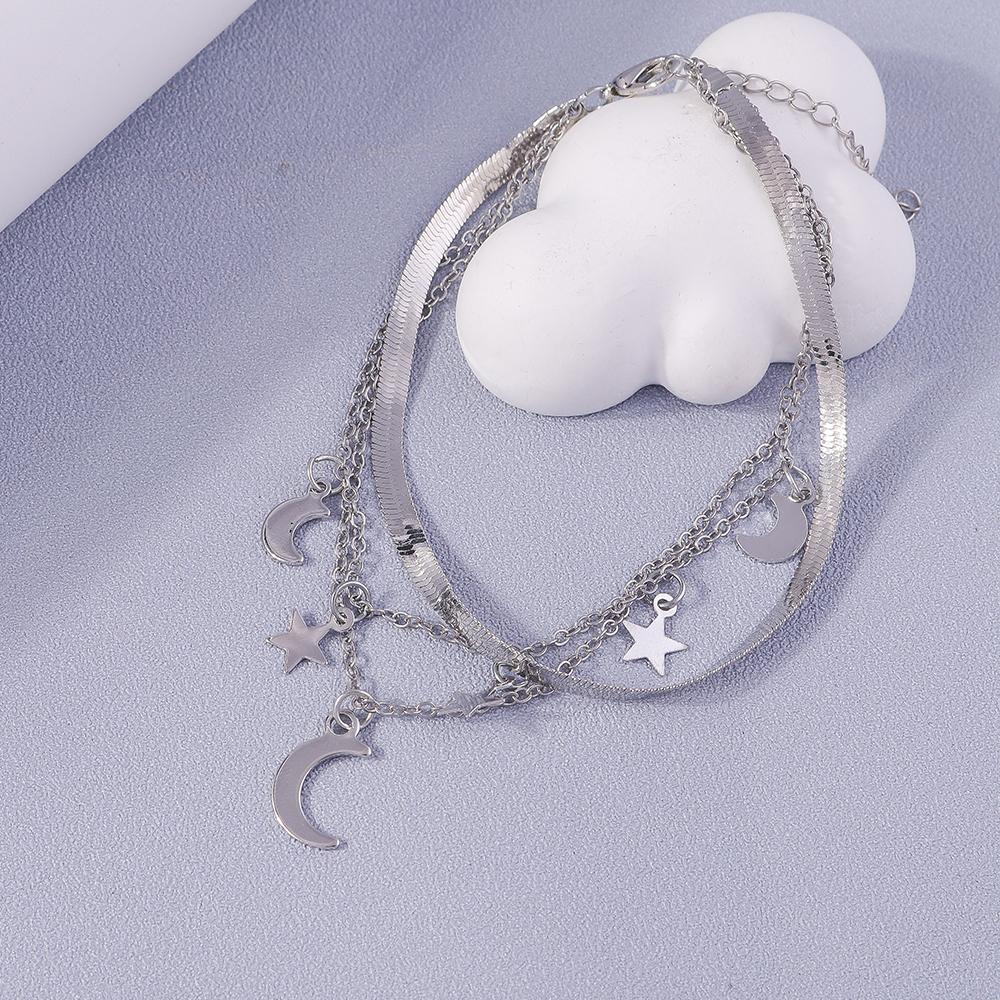 New Silver Color Anklets for Women Girls Multiple Layers Moon Star Ankle Bracelet Chain Foot Jewelry Gift