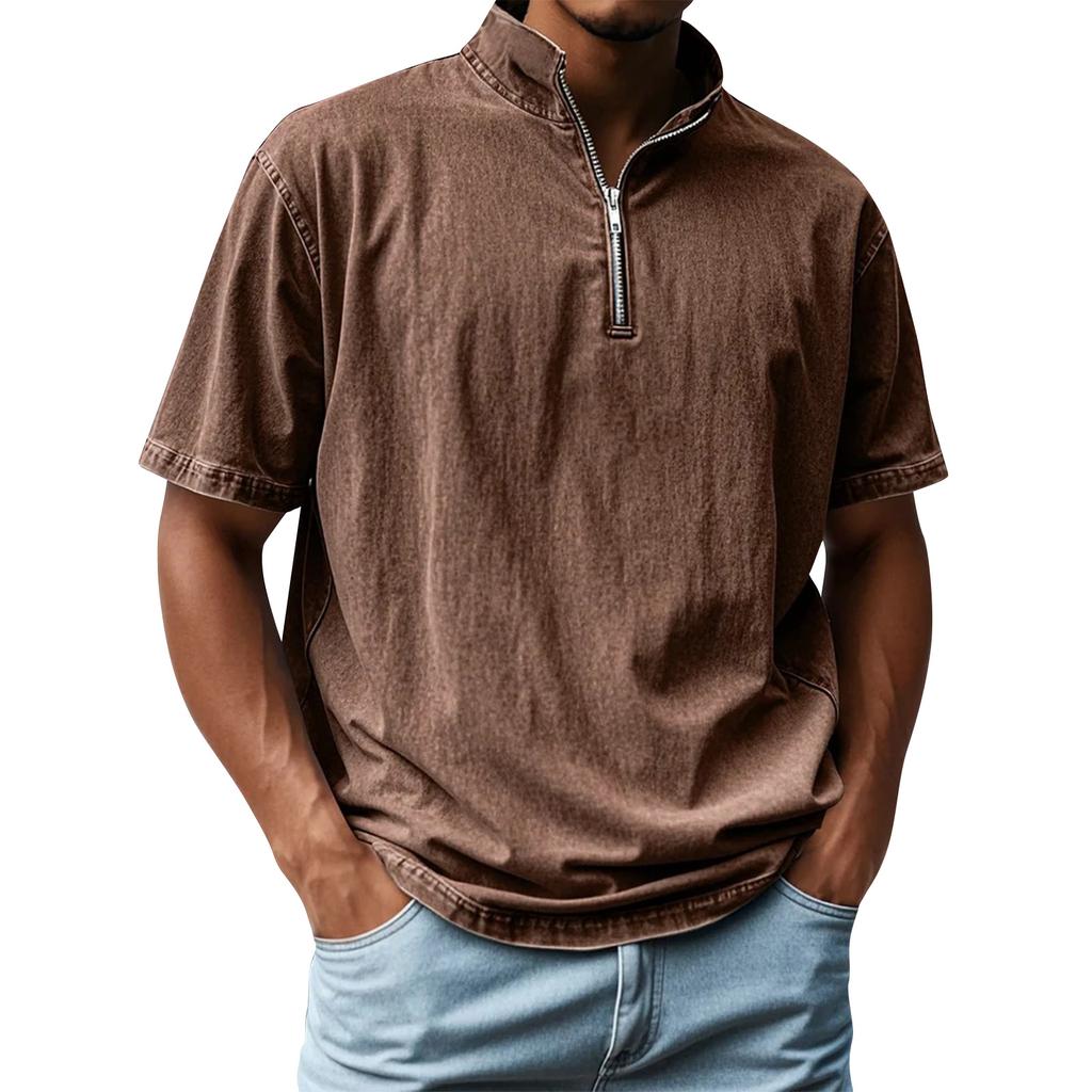 Pánské letní vintage košile s krátkým rukávem, klopou a zipem