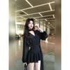 Black Chiffon Long-Sleeved Dress with Ribbons for Women, Early Spring Elegant Waist-Cinching A-Line Short Skirt, Very Beautiful Skirt for Summer