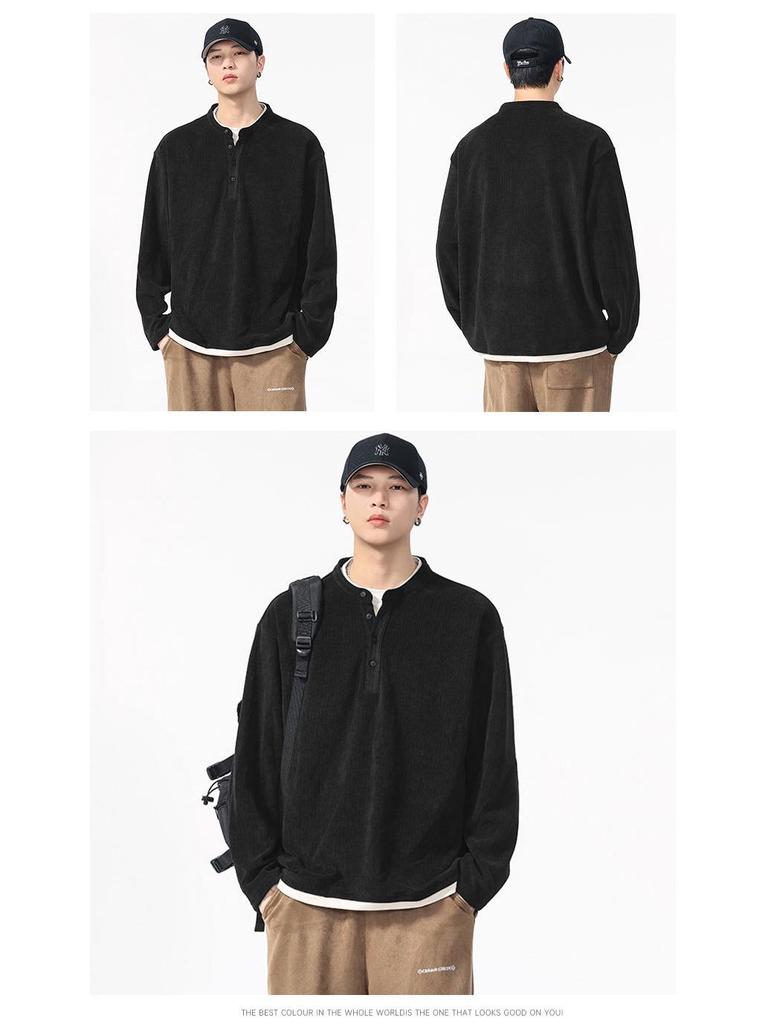 Men's Washed Two-Piece Look Long Sleeve American Streetwear Loose Heavyweight Plus Size Top 550