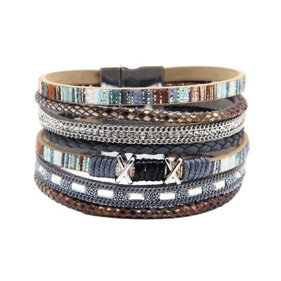 

Braided Bracelet Multi-Layered Bohemian Faux Leather Rope with Square Stones Beads Boho Wrist Accessory сірий