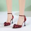 Pointed Toe Women's Sandals for Party and Weddings Bow Stiletto Red Ladies Shoes Asian Size The Best Footwear Korea Original Pvc