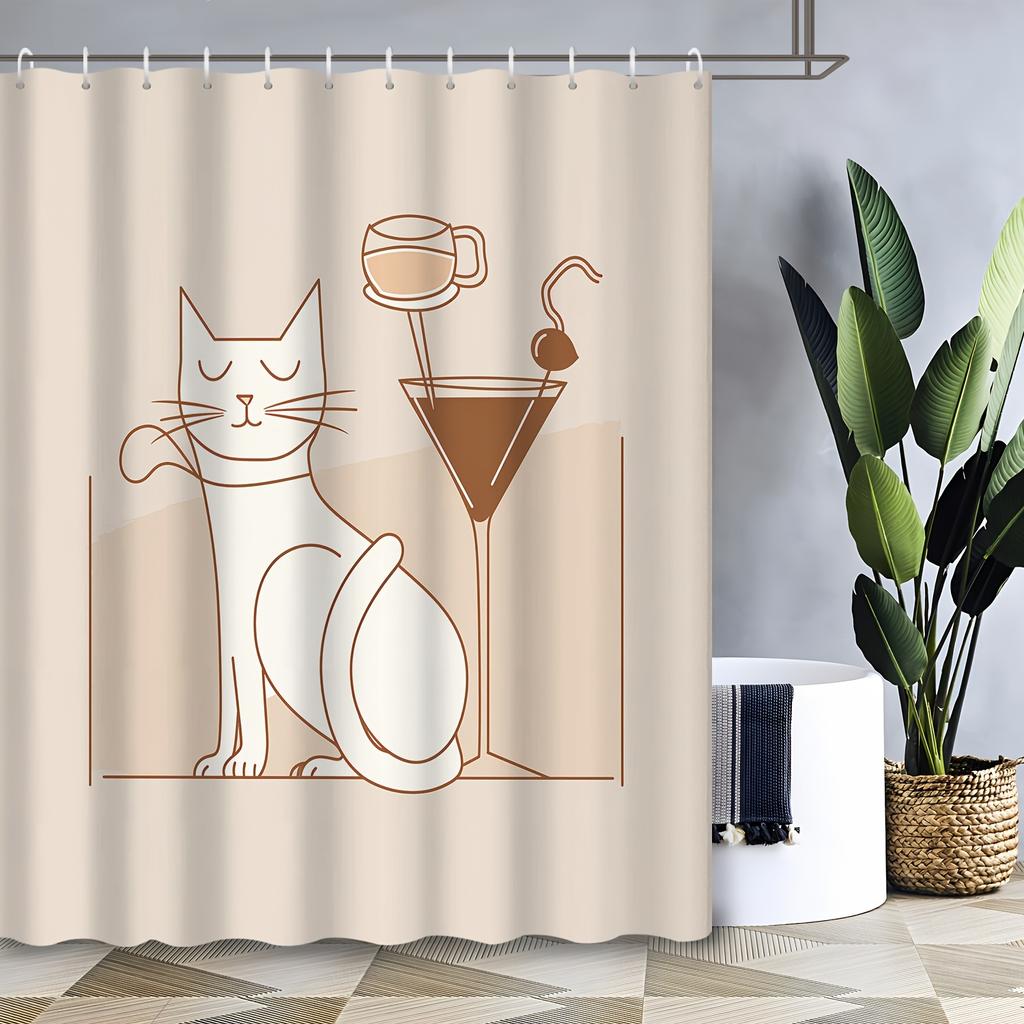 Water-Resistant Cartoon Cat & Drink Shower Curtain , Machine Washable Polyester with Hooks, Decorative Bath Accessory