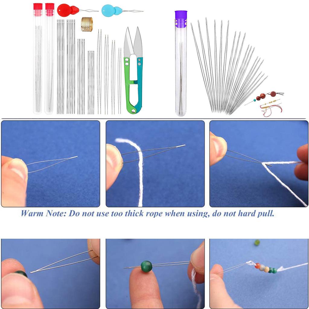 Long Straight Beading Needle Big Eye Beading Needle with Thimble Needle Threader for Bracelet Necklace Jewelry Making